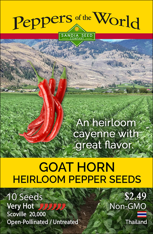 Goat Horn Pepper Seeds - Hot Flavor | 10 Seeds, Easy Grow. Seed packet featuring heirloom cayenne peppers with a scenic farm background and product details.