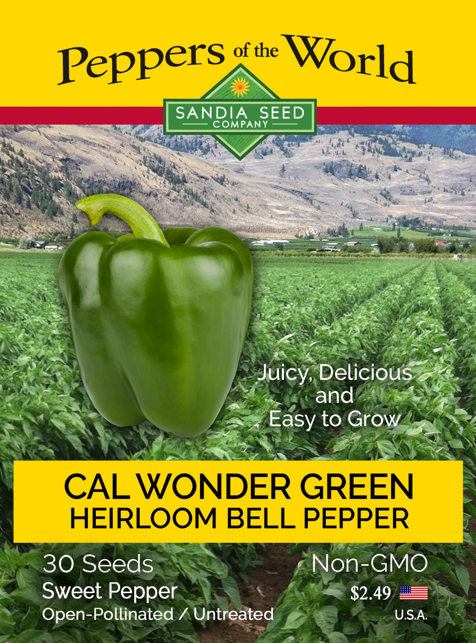 Green Cal Wonder Bell Pepper Seeds - Heirloom - Sweet & Crunchy seed packet from Sandia Seed Company, featuring pepper image and product details.