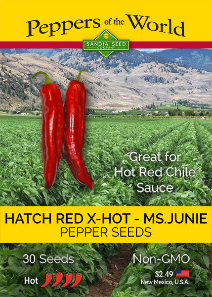 Hatch Red Chile X Hot - Ms. Junie Seeds retail packaging with product details, featuring red chile image and lush farm background for home gardeners.
