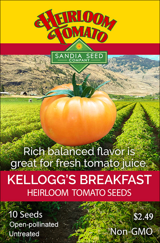 Kellogg's Breakfast Tomato Seeds packet by Sandia Seed Company featuring a bold orange heirloom beefsteak tomato with non-GMO, open-pollinated label.