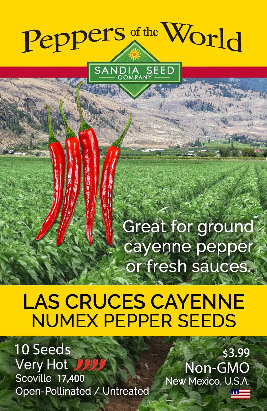 Las Cruces Cayenne NuMex Pepper Seeds packet by Sandia Seed Company, highlighting non-GMO, hot, high-yield peppers for sauces or drying.