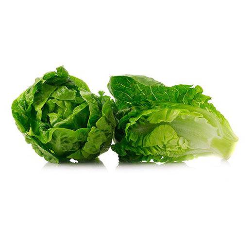 Fresh Little Gem Lettuce heads, one whole and one cut in half, showcasing crunchy texture and vibrant green leaves perfect for spring salads.