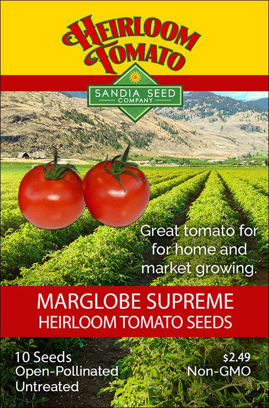 Marglobe Supreme Seeds - High Yield Tomato - Disease Tolerant seed packet by Sandia Seed Company, featuring red tomatoes and lush farm rows.