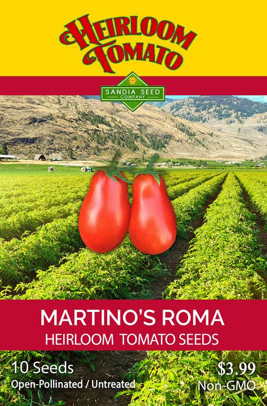 Martino's Roma Heirloom Tomato Seeds packet by Sandia Seed Company, featuring non-GMO, open-pollinated seeds for abundant garden harvests.