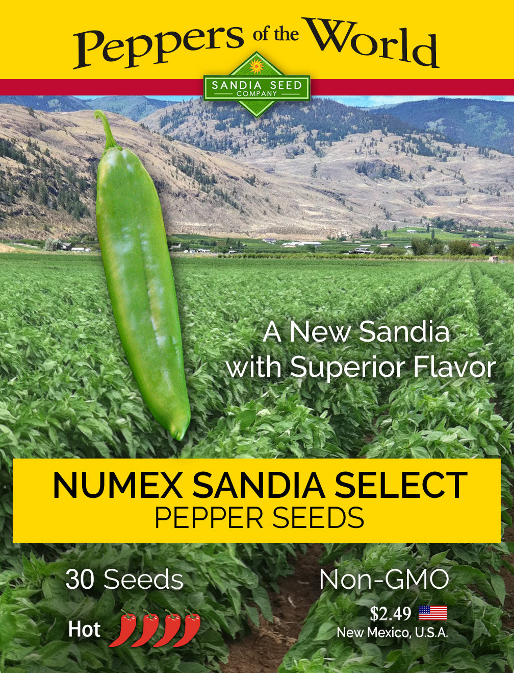Sandia Select Chile Seeds - NuMex Variety seed packet with pepper image and farm background, highlighting non-GMO, hot flavor, and 30 seeds per pack.