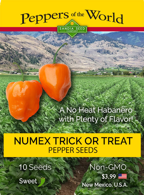 Habanero Trick or Treat NuMex Pepper Seeds packet from Sandia Seed Company, featuring no-heat peppers with rich flavor, ideal for home gardeners.