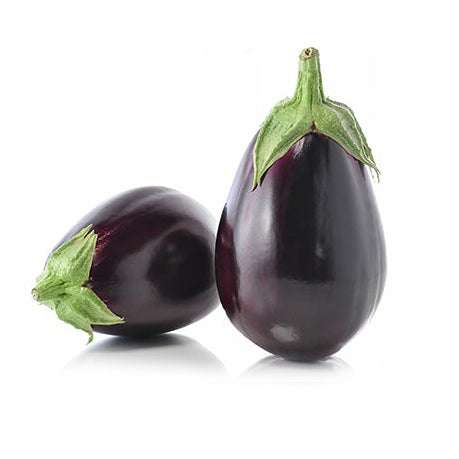 Two glossy Black Beauty eggplants with green caps, ideal for home gardens. High-yield, early ripening, non-GMO vegetable seeds.