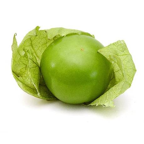 Close-up of a ripe green Tomatillo Verde fruit with its papery husk partially open. easy to grow for a juicy salsa ingredients.