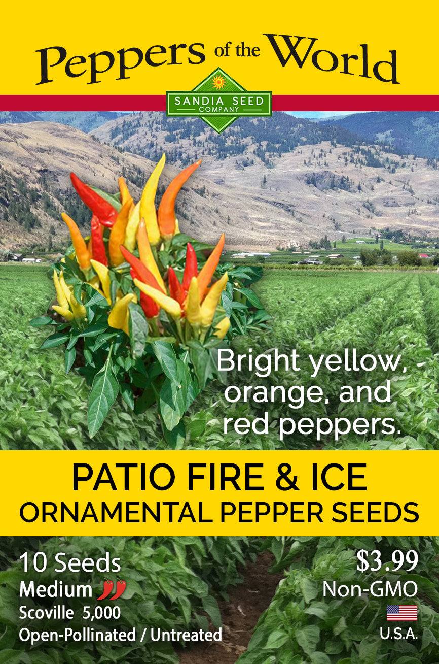 Patio Fire & Ice Ornamental Pepper Seeds pack with colorful pepper image and product details, perfect for home garden seed shoppers.