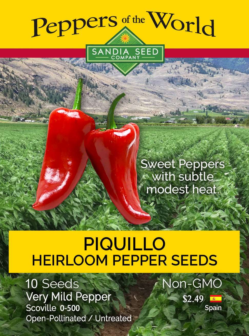 Piquillo Sweet Pepper seed packet by Sandia Seed Company featuring red peppers, non-GMO label, and Spanish origin for home gardening.