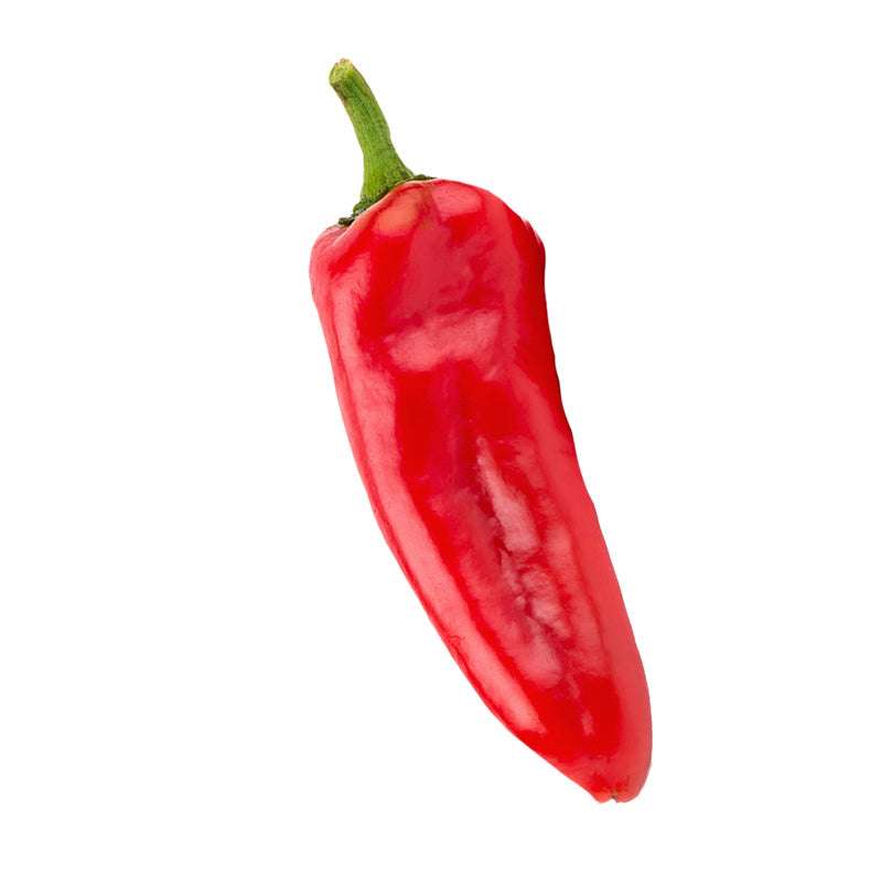 Marconi Red Sweet Pepper with glossy red skin and green stem, ideal for grilling or salads. Italian heirloom variety known for its sweet flavor.