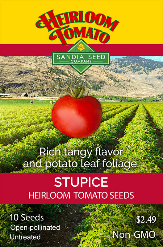 Stupice Tomato Seeds packet from Sandia Seed Company featuring heirloom label, red tomato image, and details like non-GMO and open-pollinated.