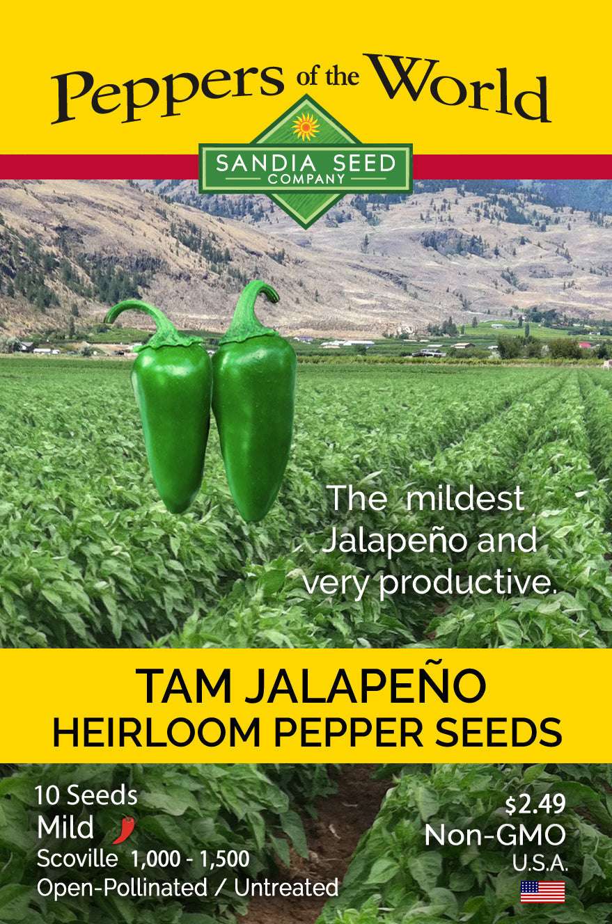 Jalapeño TAM Seeds - Heirloom pepper seed packet from Sandia Seed Company featuring mild, productive jalapeños. Non-GMO and open-pollinated.
