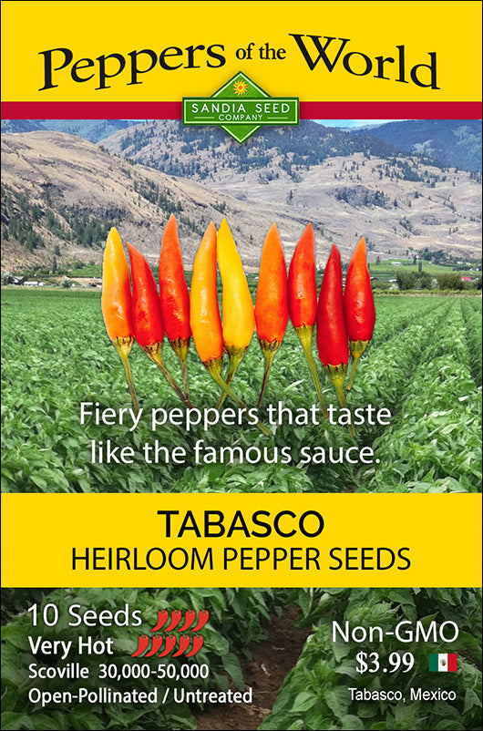 Tabasco Pepper Seeds - Heirloom - Easy Growth & Very Hot; seed packet showing fiery peppers and product details for spicy heirloom gardening enthusiasts.