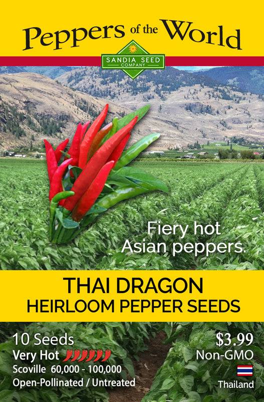 Thai Dragon F1 Pepper Seeds packet from Peppers of the World series, featuring fiery hot heirloom peppers with Scoville rating of 60,000–100,000.