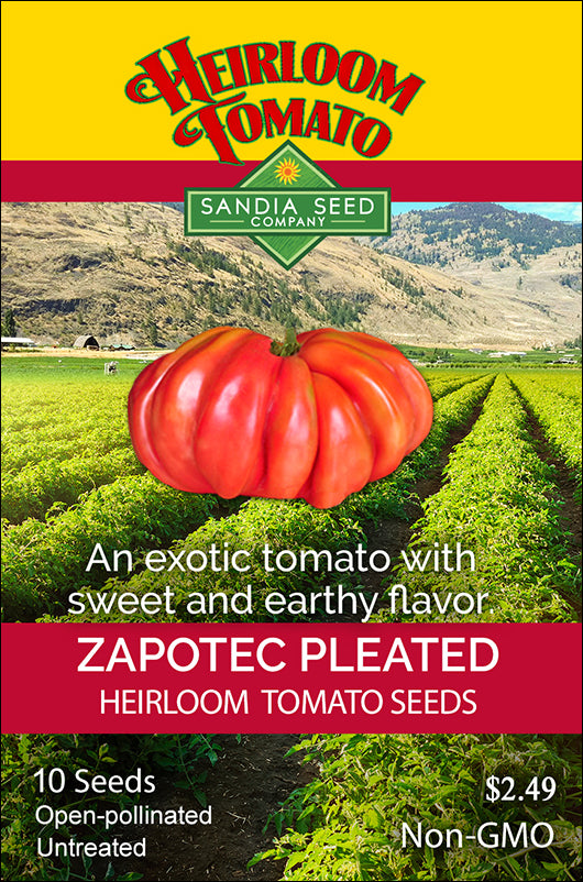 Zapotec Pleated Tomato Seeds - Heirloom from Mexico seed packet featuring a ripe tomato image, product details, and a scenic farm background.