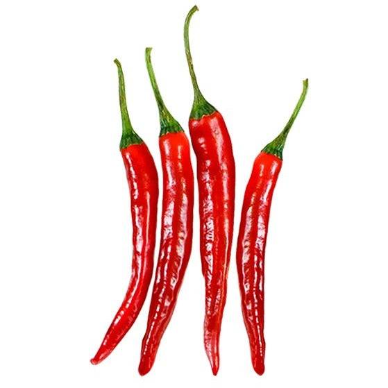 Cayenne NuMex Seeds - Las Cruces Pepper shown as five vibrant red dried peppers, ideal for hot sauces and high-yield gardening.