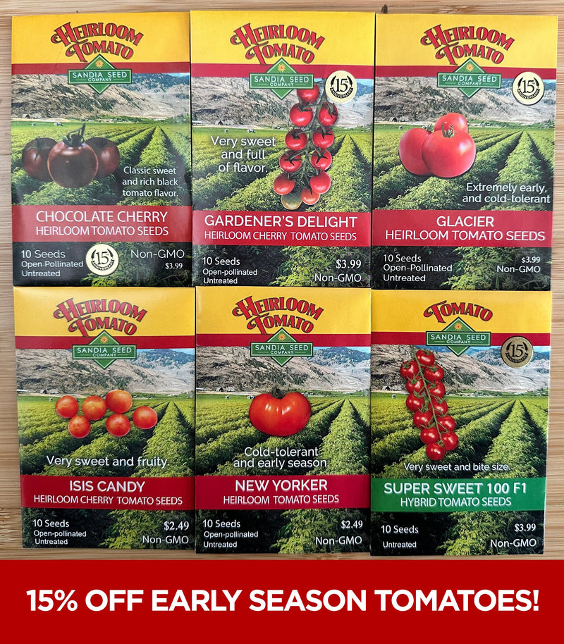 Illustration of six seed packets for heirloom tomato varieties, including Chocolate Cherry, Gardener's Delight, Glacier, ISIS Candy, New Yorker, and Super Sweet 100 F1, with a scenic farm background and promotional banner.