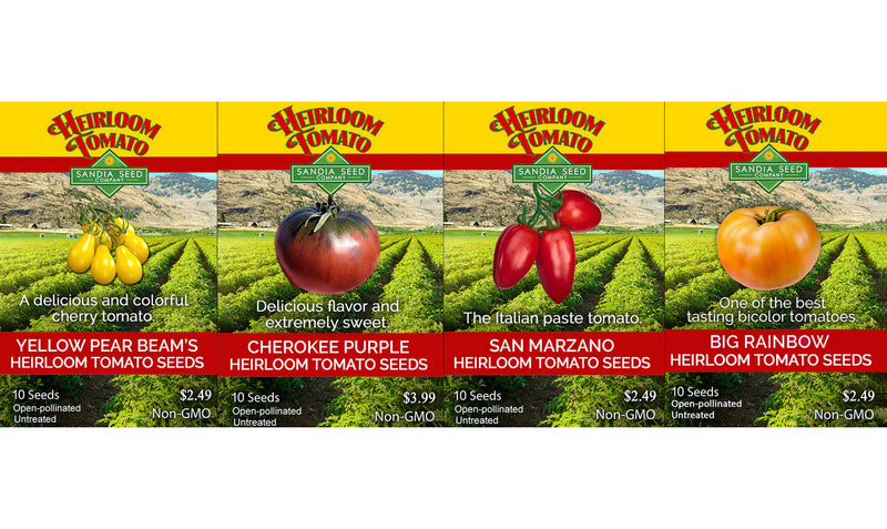 A colorful illustration of heirloom tomato seed packets featuring different varieties, including yellow pear, Cherokee purple, San Marzano, and big rainbow, set against a lush farm landscape background.