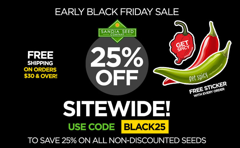 Illustration promoting Sandia Seed Company's Black Friday sale with 25% off sitewide, free shipping on orders over $30, and free stickers with every order. This offer ended 12/1/25