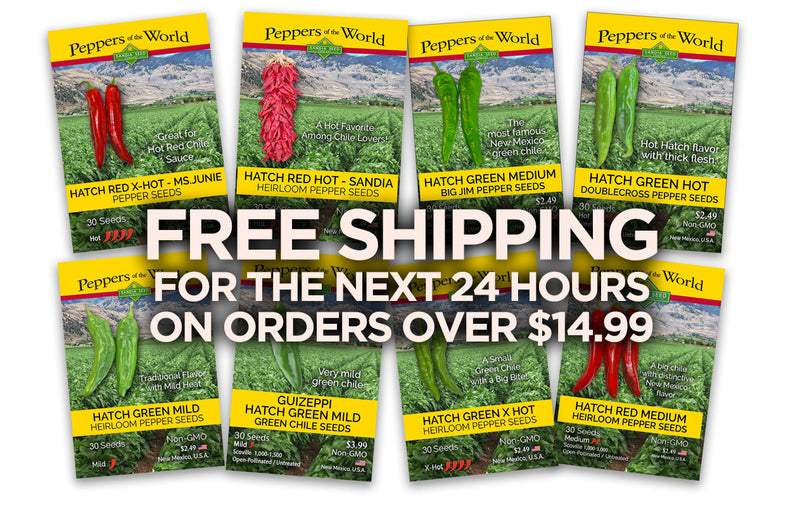 A collection of colorful seed packets featuring various chili pepper varieties, including hot red, green, and heirloom seeds, with vibrant landscape backgrounds, promoting free shipping on seed orders over $14.99.