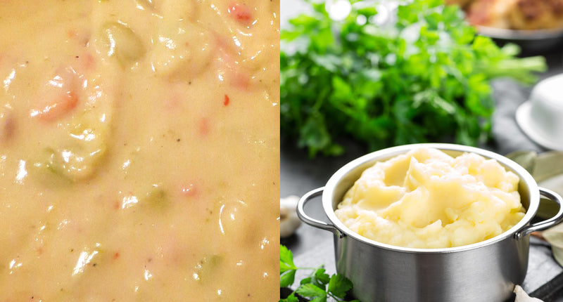 Close-up of creamy green chile sauce with chunks of vegetables, alongside a pot of smooth mashed potatoes, perfect for Green Chile Thanksgiving recipes.