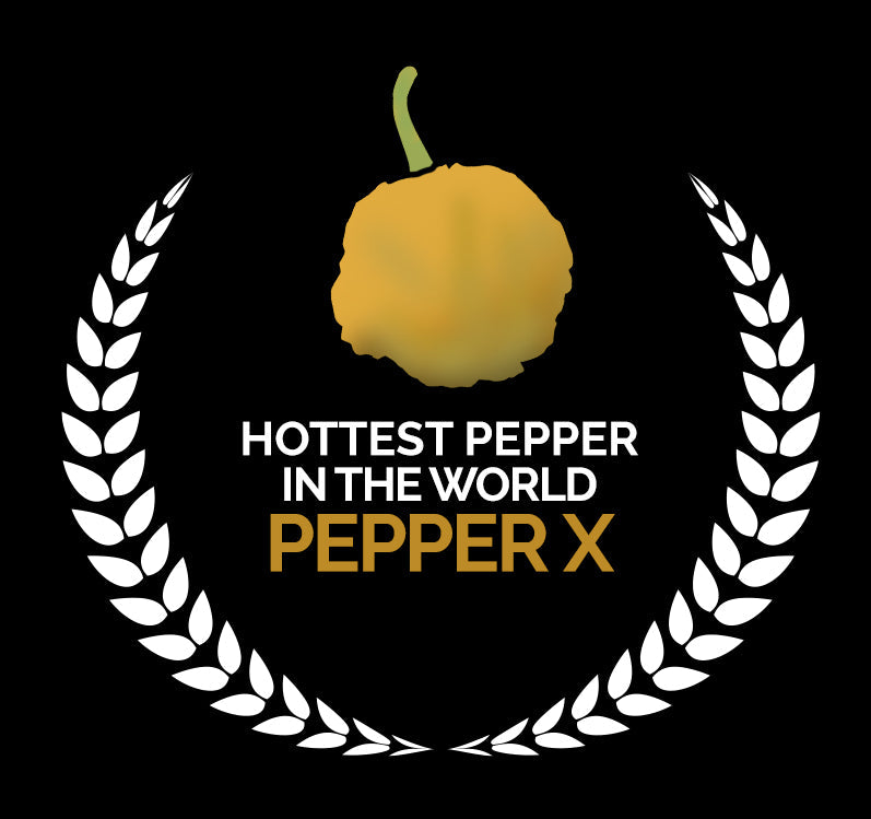 A graphic design featuring a yellow pepper with a green stem, surrounded by white laurel branches, highlightingHottest Pepper in the World Pepper X" for spicy food enthusiasts.