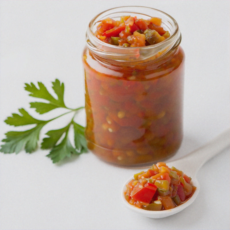 A glass jar filled with colorful sweet and spicy pepper relish, featuring diced red, yellow, and green peppers, on a white background with a green parsley garnish.
