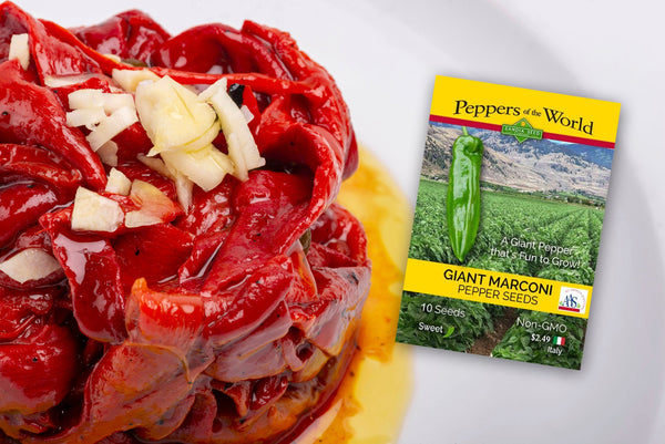 Roasted Giant Marconi Peppers with Garlic & Parmesan Recipe - with seed packet