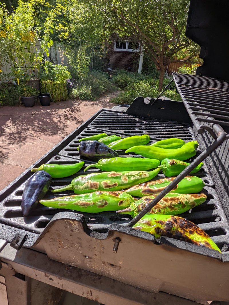 This image shows green hatch chiles and eggplants being grilled on a barbecue grill outdoors, with a lush garden and trees in the background.