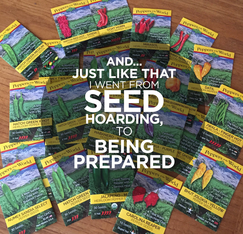 AND... JUST LIKE THAT I WENT FROM SEED HOARDING, TO BEING PREPARED! A colorful infographic showing various seed packets for heirloom peppers from around the world, highlighting seed types and origins.