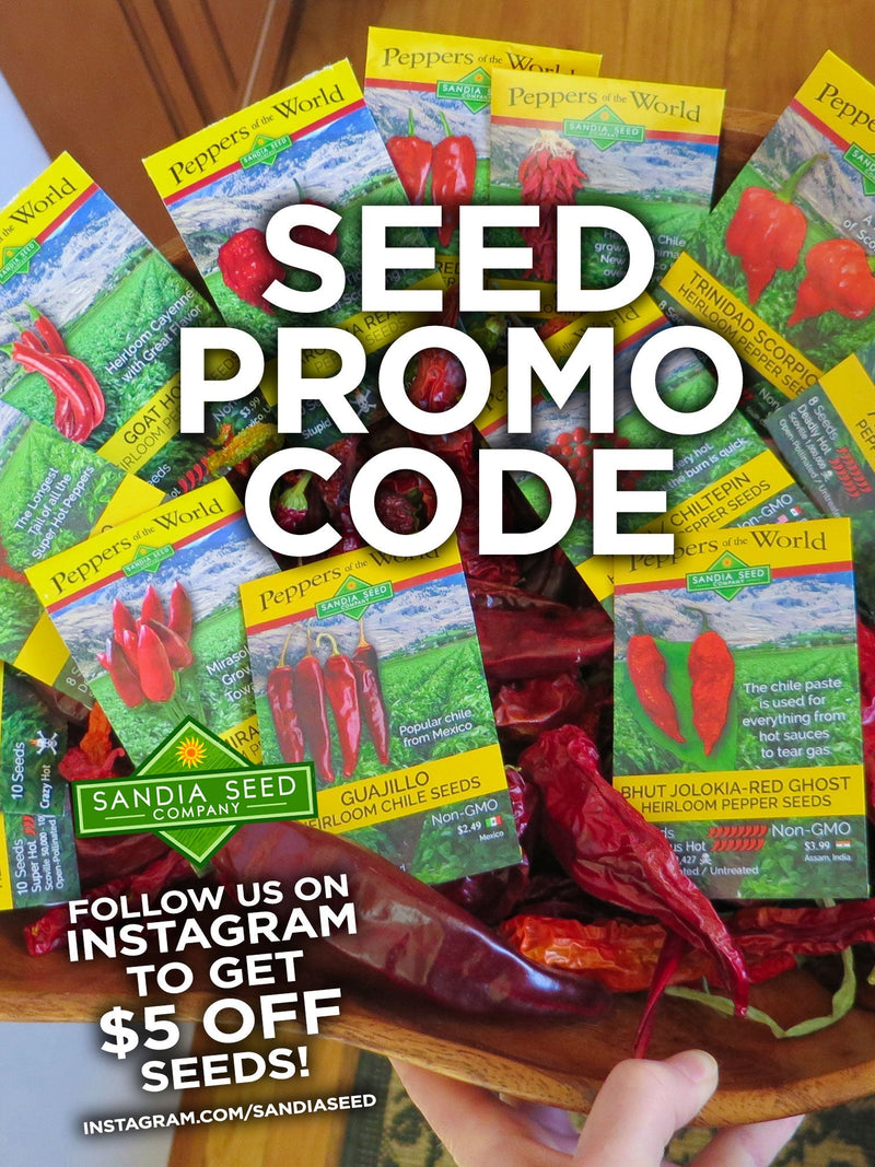A close-up of various pepper seed packets from Sandia Seed Company, with overlaid promotional text highlighting a seed promo code and Instagram discount offer.