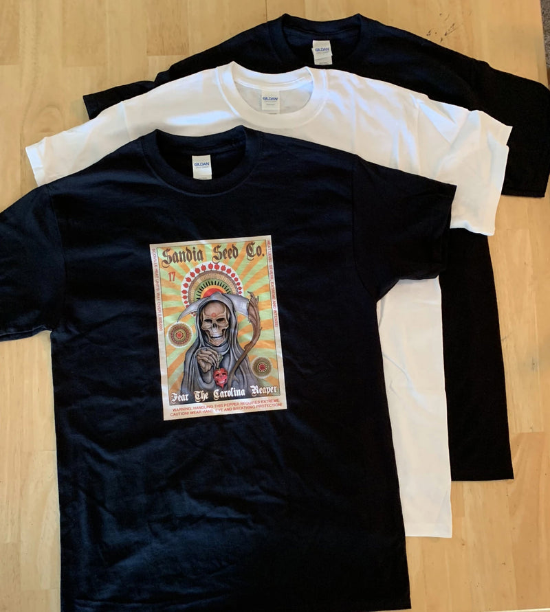 Carolina Reaper T-shirts - "Don't fear the Reaper" shirts in white and black

