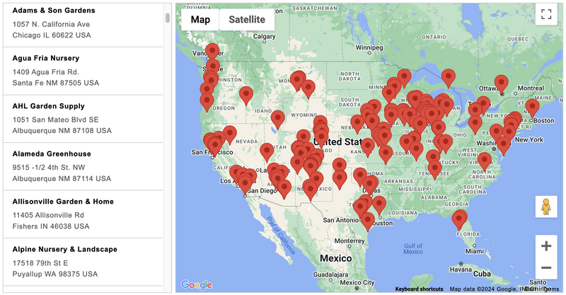 A map showing numerous seed store locations across the United States, including Adams & Son Gardens, Agua Fria Nursery, and AHL Garden Supply, marked with red pins.