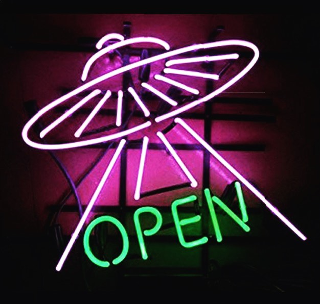 Our Seed Company is Still Shipping Seeds! A colorful neon sign featuring a UFO with beams and the word: OPEN in bright green, indicating a welcoming business open for customers.