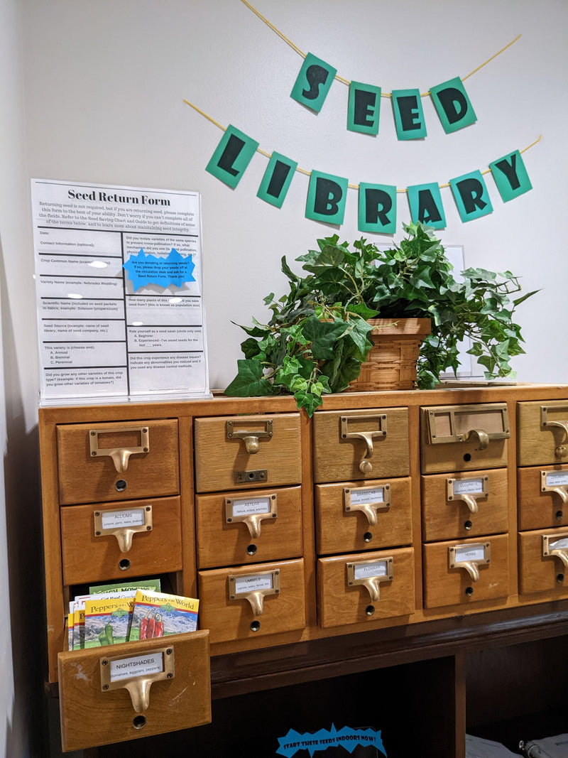 A vintage wooden seed storage cabinet with labeled drawers for different vegetable and flower seeds, alongside a seed return form and informational pamphlets about seed donations.