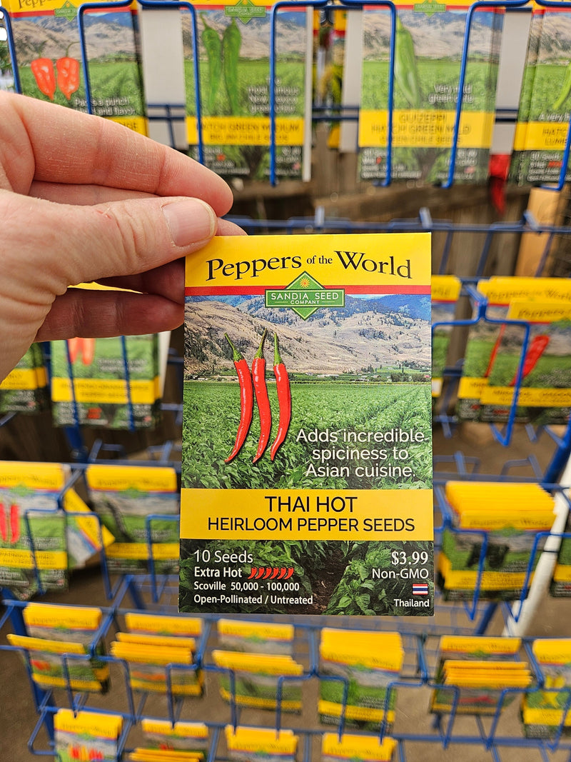 An illustration of Thai Hot heirloom pepper seeds from Sandia Seed Company, featuring vibrant red chili peppers against a scenic agricultural background, emphasizing their Scoville heat level of 50,000 to 100,000 for Asian cuisine spice enhancement.