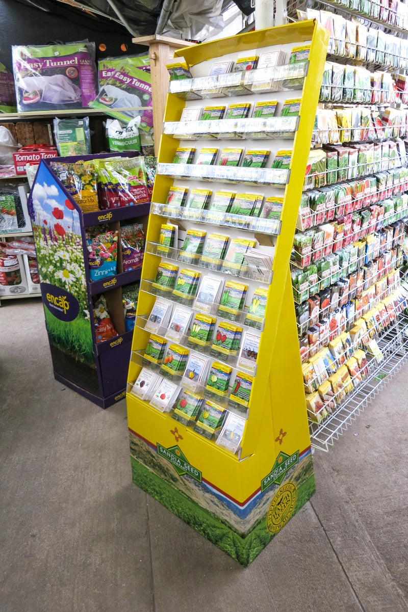 Seed Rack with Sandia Seed Packets at garden center

