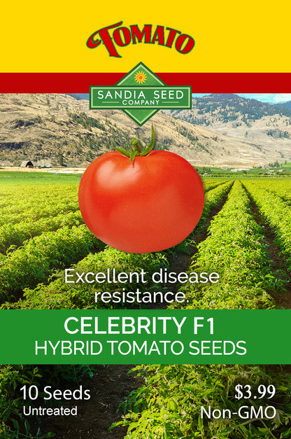 Celebrity F1 Hybrid Tomato Seeds by Sandia Seed Company offer excellent disease resistance, non-GMO, untreated, and perfect for home gardeners.