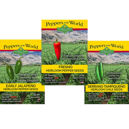 Fresh & Spicy Pepper Seeds - 3-Pack Discount Sale - Jalapeño Early, Serrano Tampiqueno & Fresno Seeds