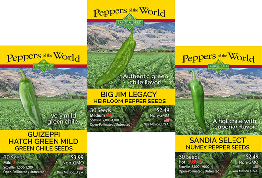 Green Chile Intro 3 Pack - Hatch Green Mild, Big Jim Legacy & Sandia Select Seeds -15% Off