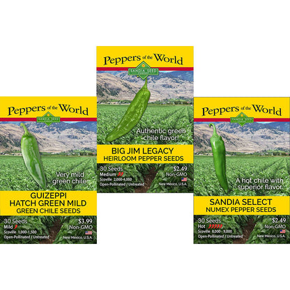 Green Chile Intro - 3-Pack Discount Sale - Hatch Green Mild, Big Jim Legacy & Sandia Select Seeds -15% Off