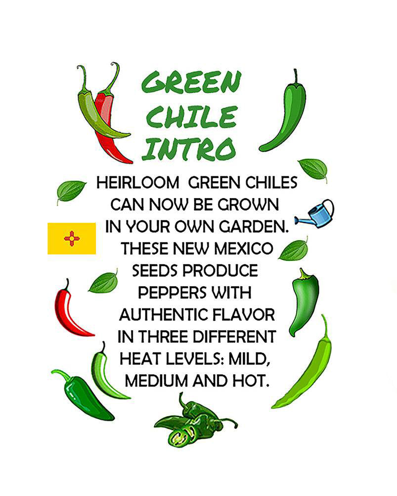 Green Chile Intro graphic highlighting heirloom seed varieties with mild, medium, and hot heat levels for home gardening enthusiasts.