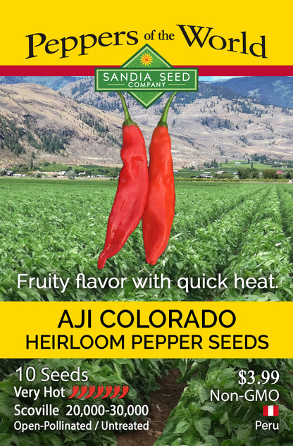 Aji Colorado Seeds - Hot Heirloom Chiles with Fruity Hot Flavor seed packet featuring red pods, Scoville rating, and Peruvian origin.