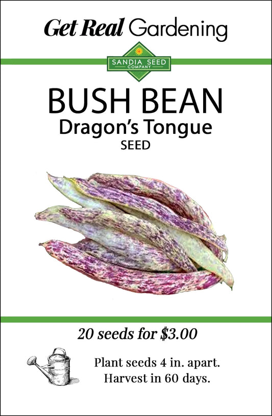 Seed packet for Sandia Seed Company Bush Bean Dragon's Tongue seeds, featuring a photo of purple-and-cream variegated beans on a white background with green and black text.