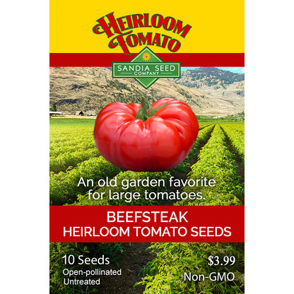 Heirloom tomato seed packet with a red tomato illustration and mountain background