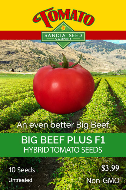 Seed packet for Sandia Seed Company's Big Beef Plus F1 Hybrid Tomato Seeds, featuring a large red tomato graphic over a farm field background with the Sandia Seed Company logo at the top.