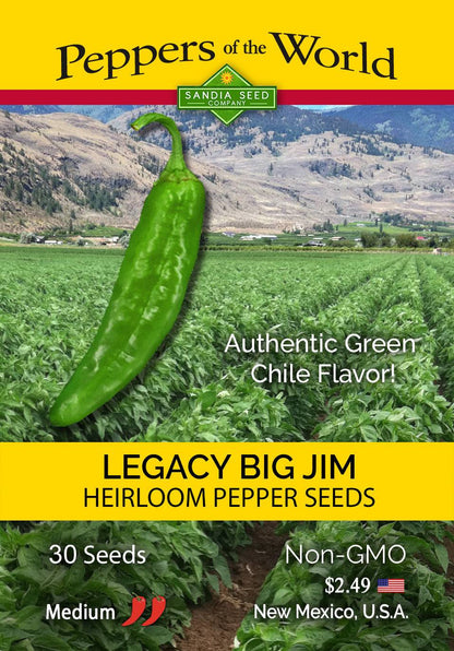 Seed packet for BULK Big Jim Legacy 1 lb. Chile Seeds featuring heirloom green chile with medium heat, non-GMO, grown in New Mexico.