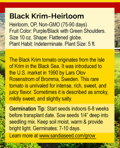 Back of Black Krim Tomato Seeds packet detailing heirloom variety traits, germination tips, and growing instructions for gardeners.