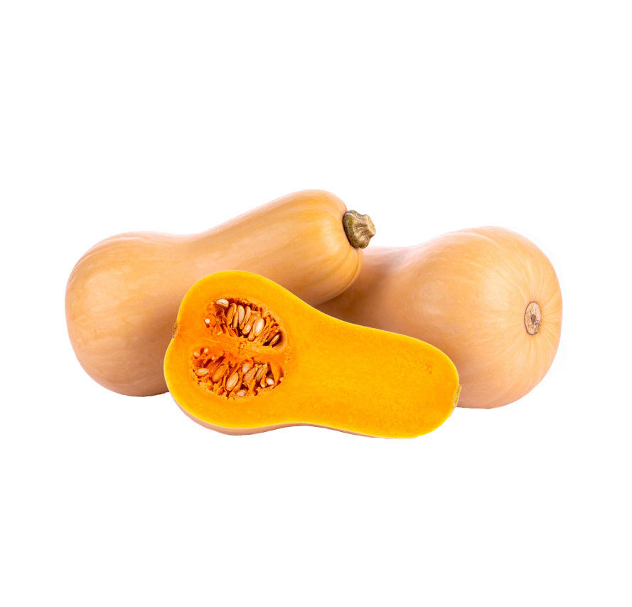 Heirloom butternut squash with smooth beige skin and vibrant orange flesh, sliced to show seeds, ideal for culinary use